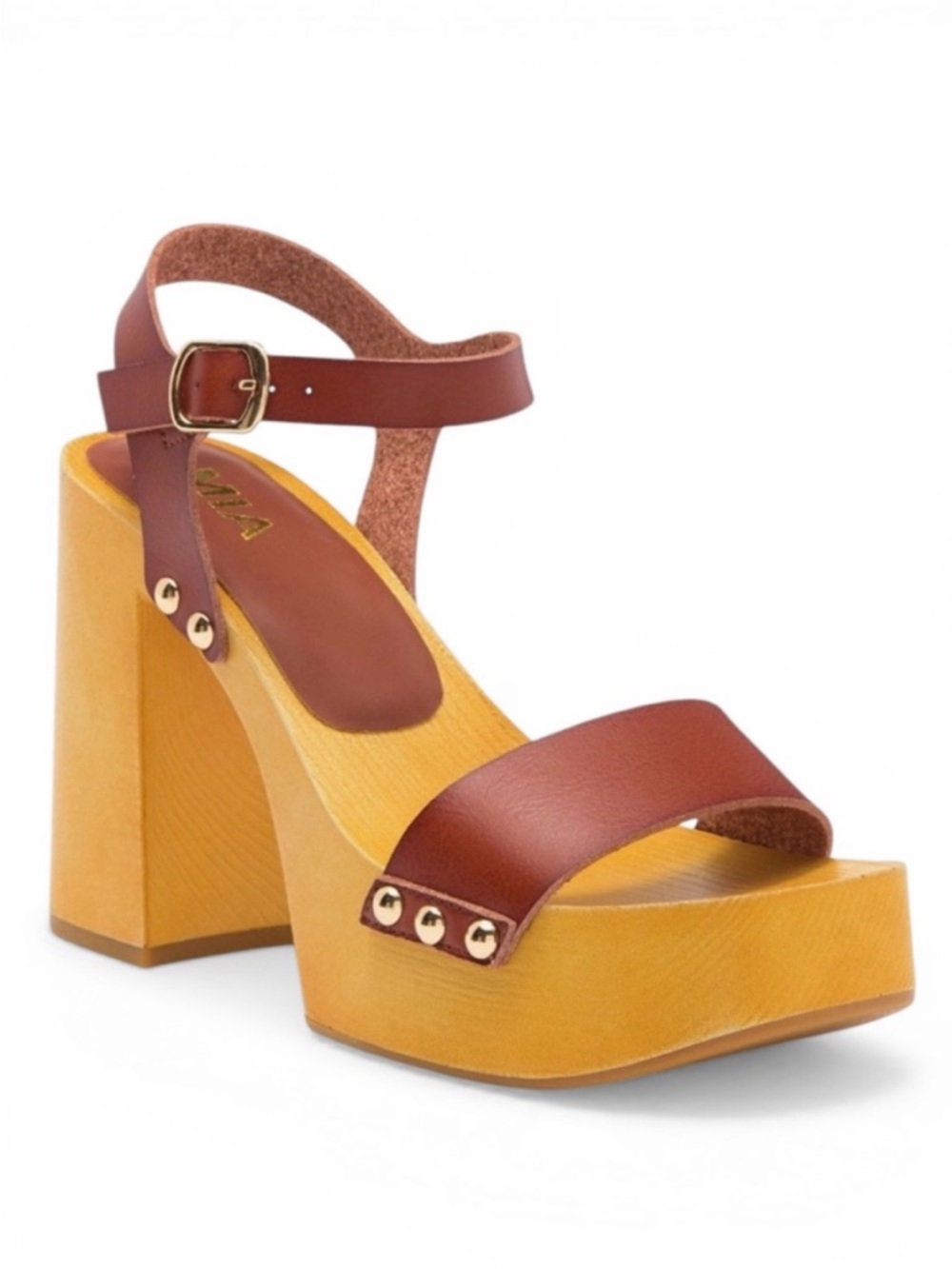 NEW MIA Platform Block Heel Sandal, Cognac Brown Wood Wooden, Size 10 clog rivet